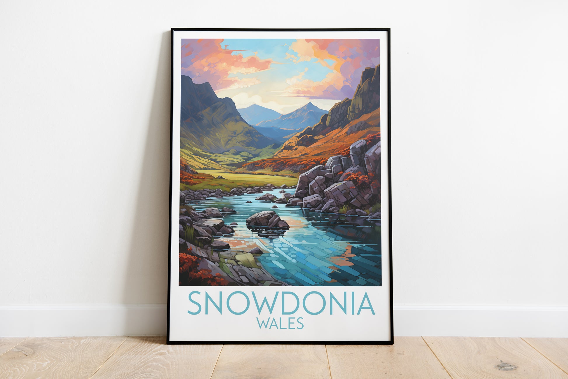 snowdonia travel poster on the ground wales