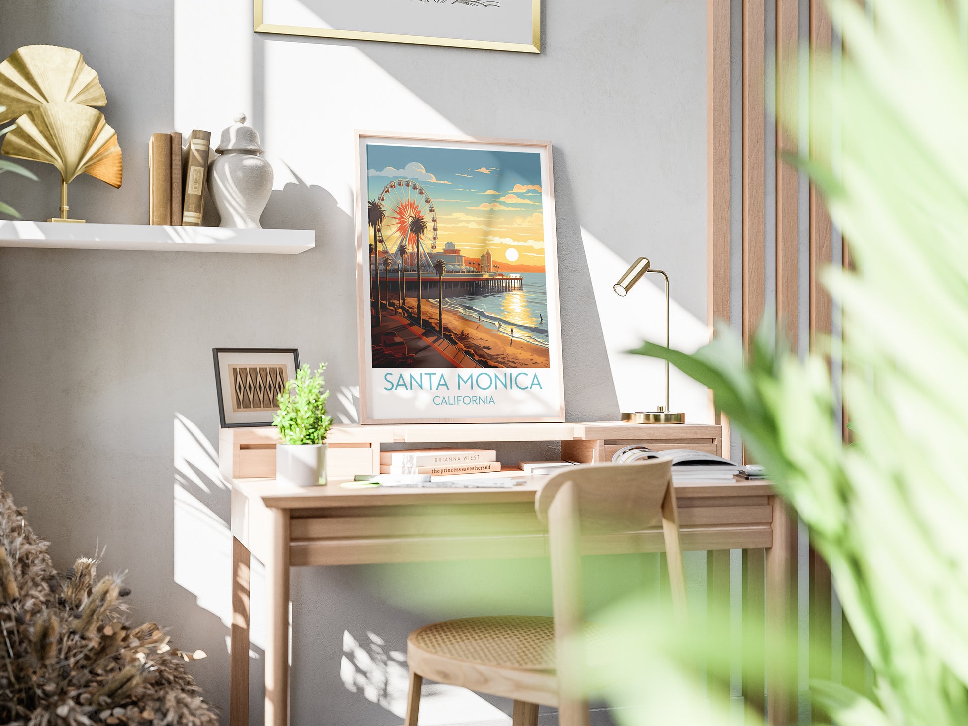 santa monica travel poster on desk california