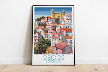 obidos travel poster on the ground portugal