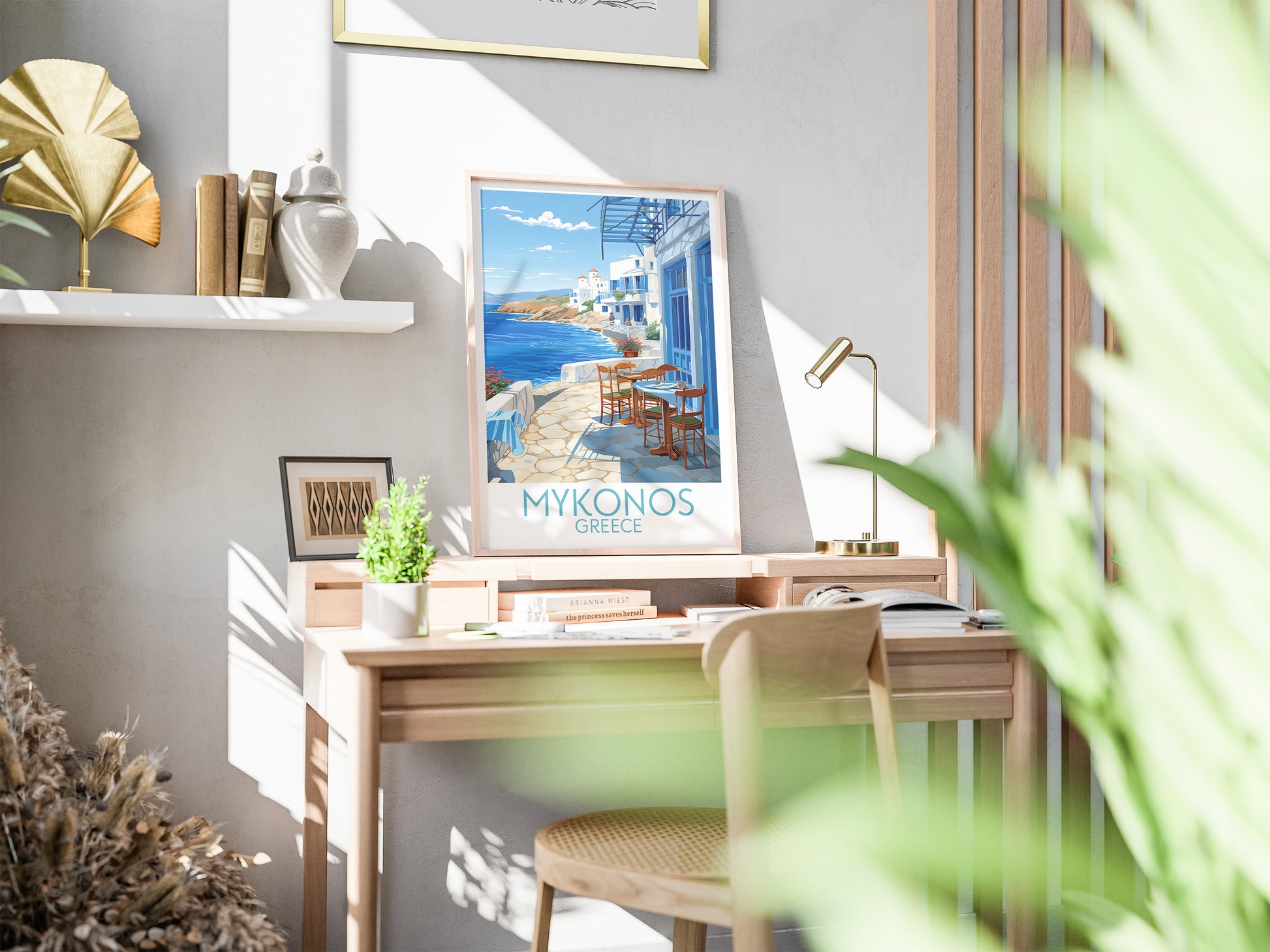 mykonos travel poster on desk greece