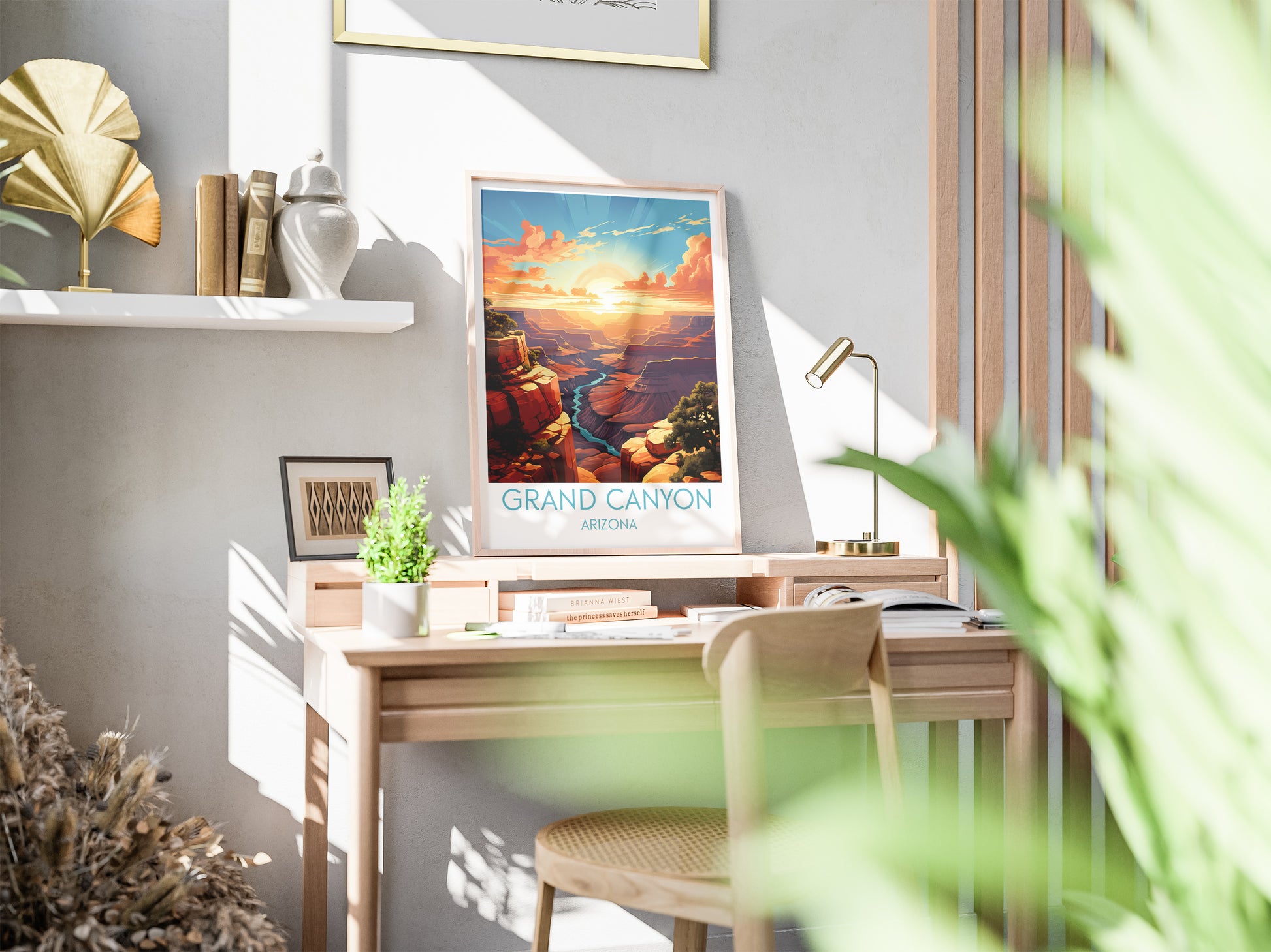 grand canyon travel poster on desk arizona