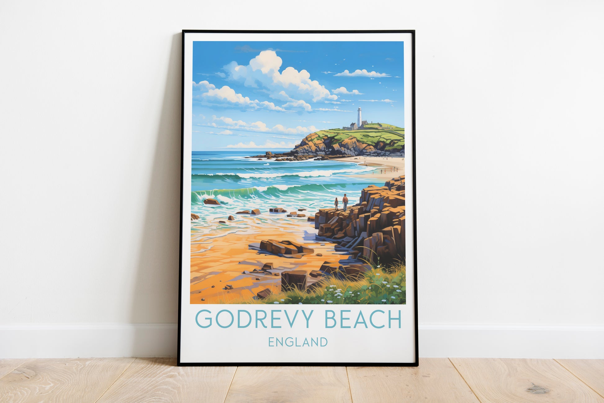 godrevy beach travel poster on the ground england