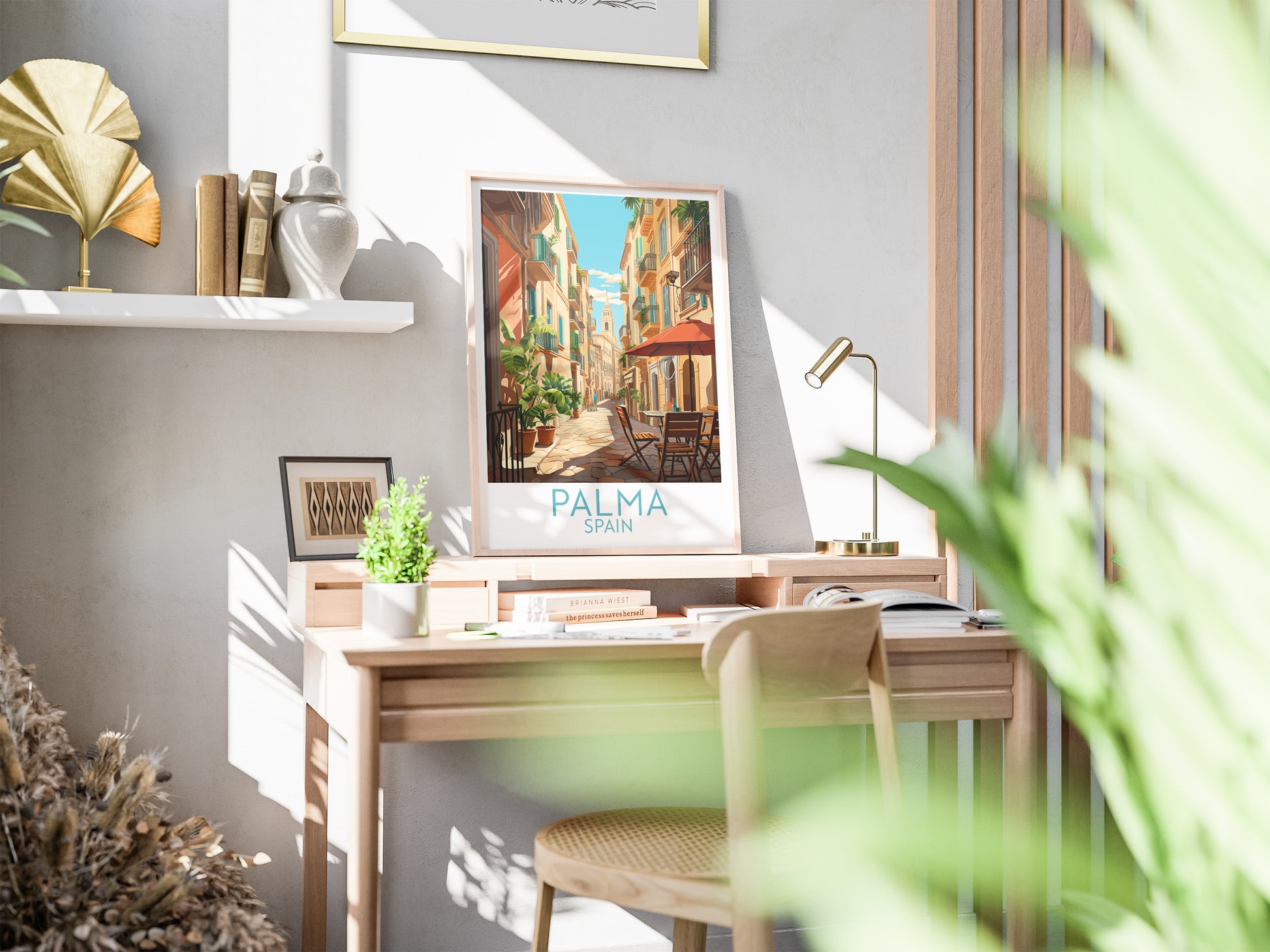 palma travel poster on desk spain