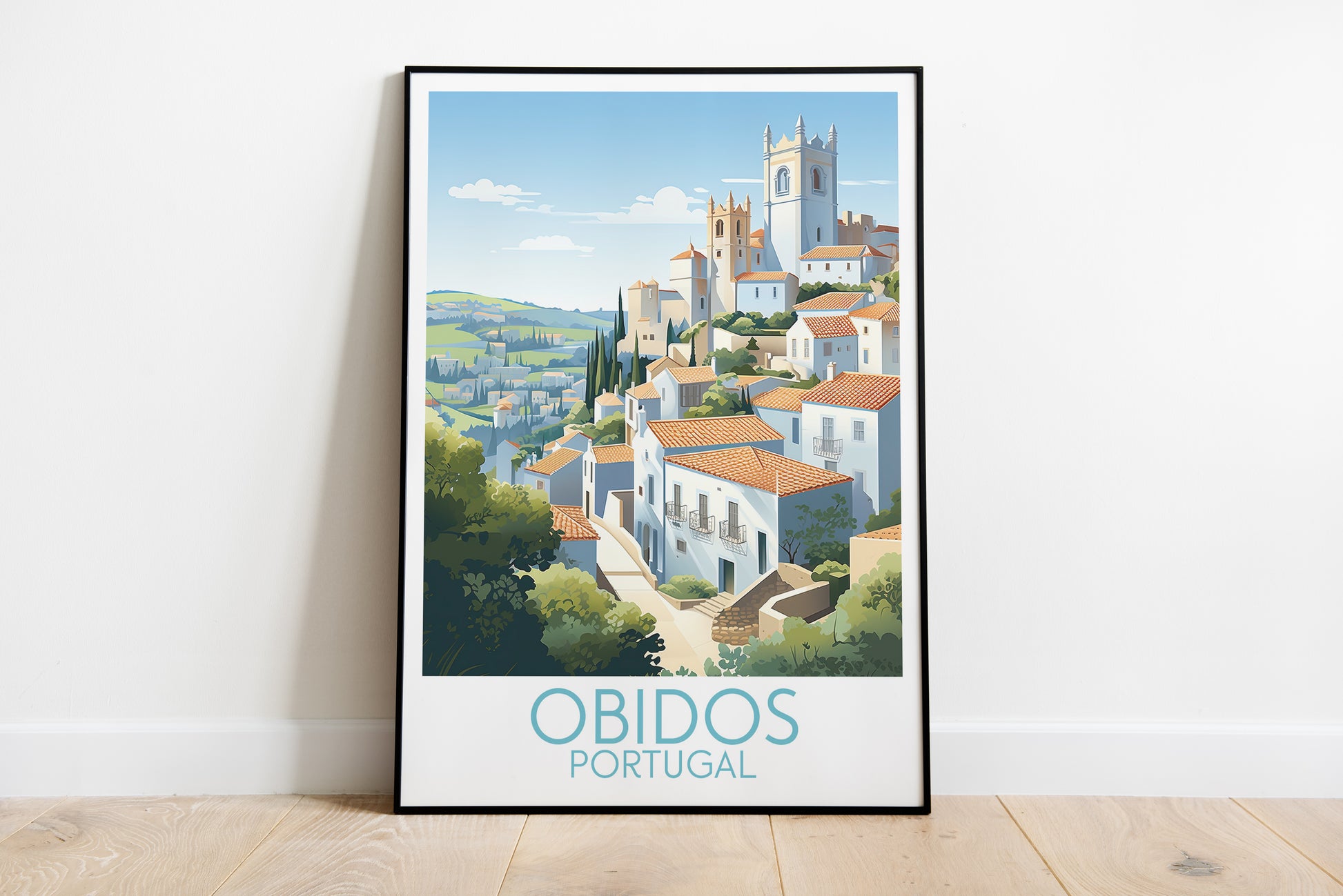 obidos travel poster on the ground portugal