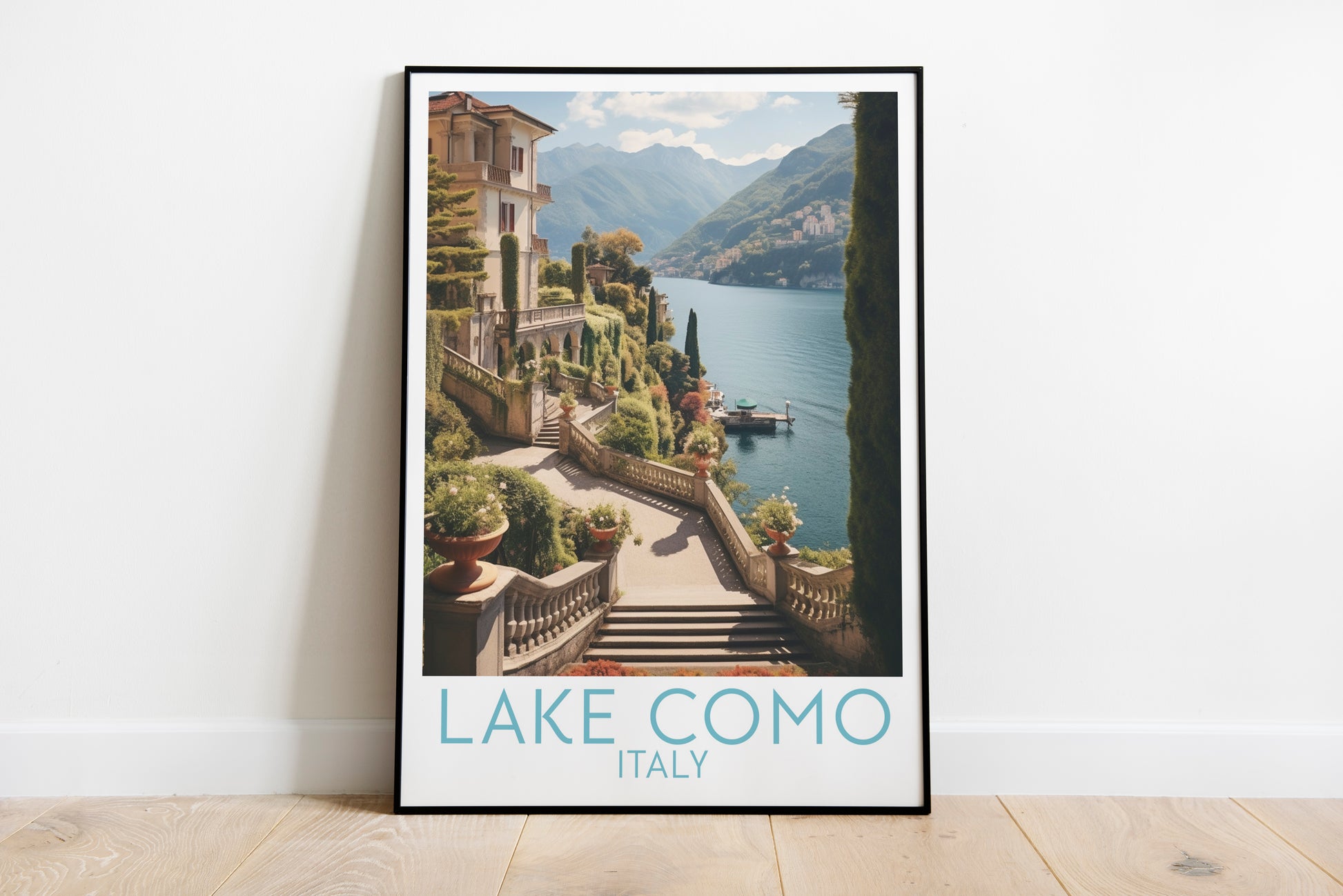 lake como travel poster on the ground italy