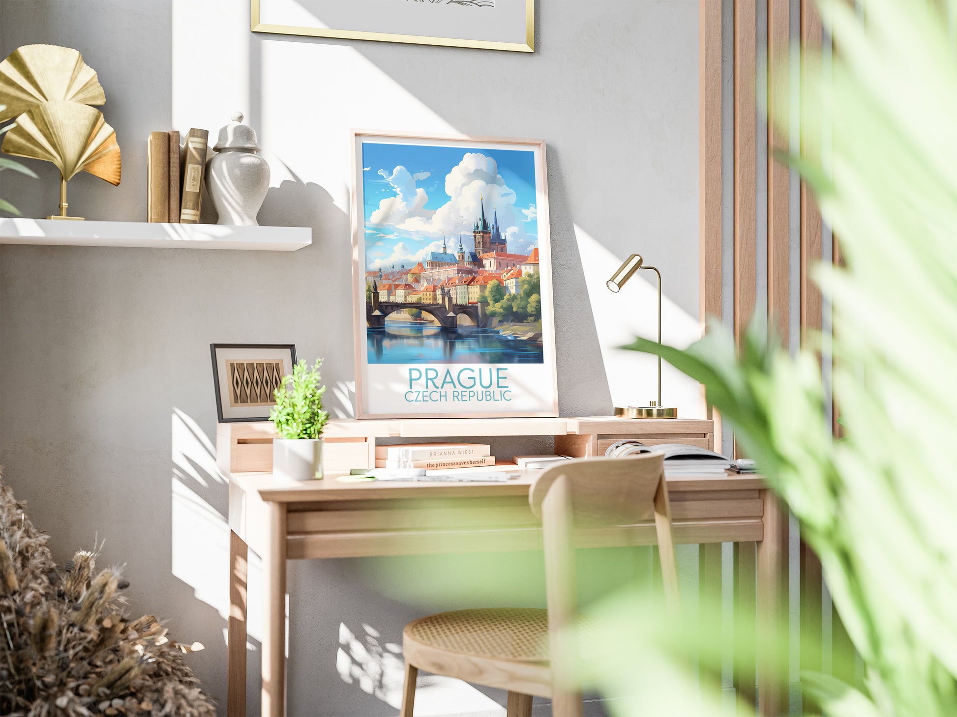 prague travel poster on desk czech republic