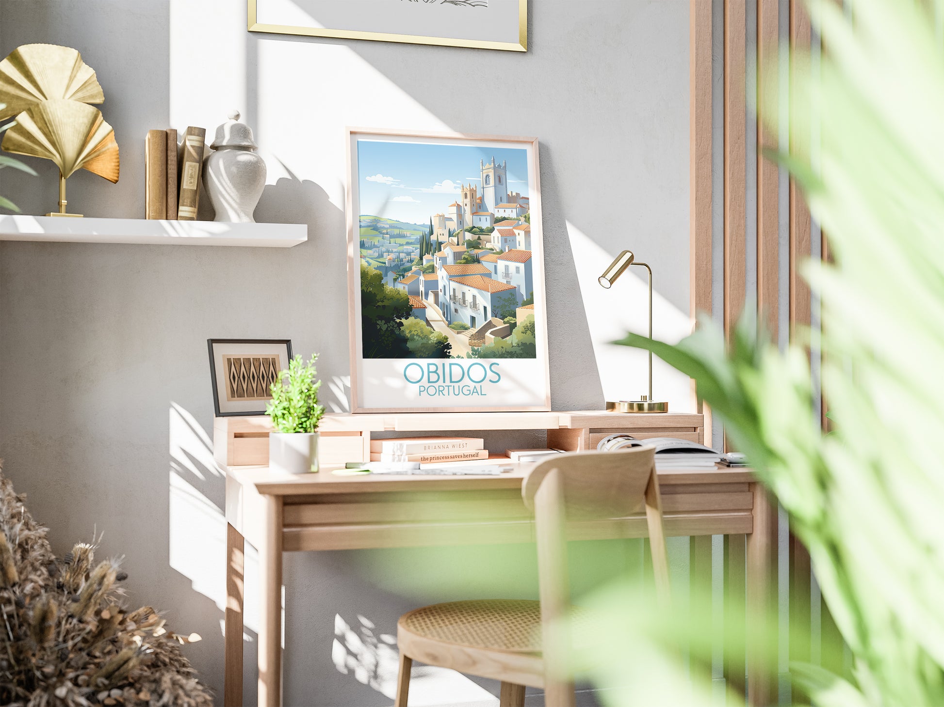 obidos travel poster on desk portugal