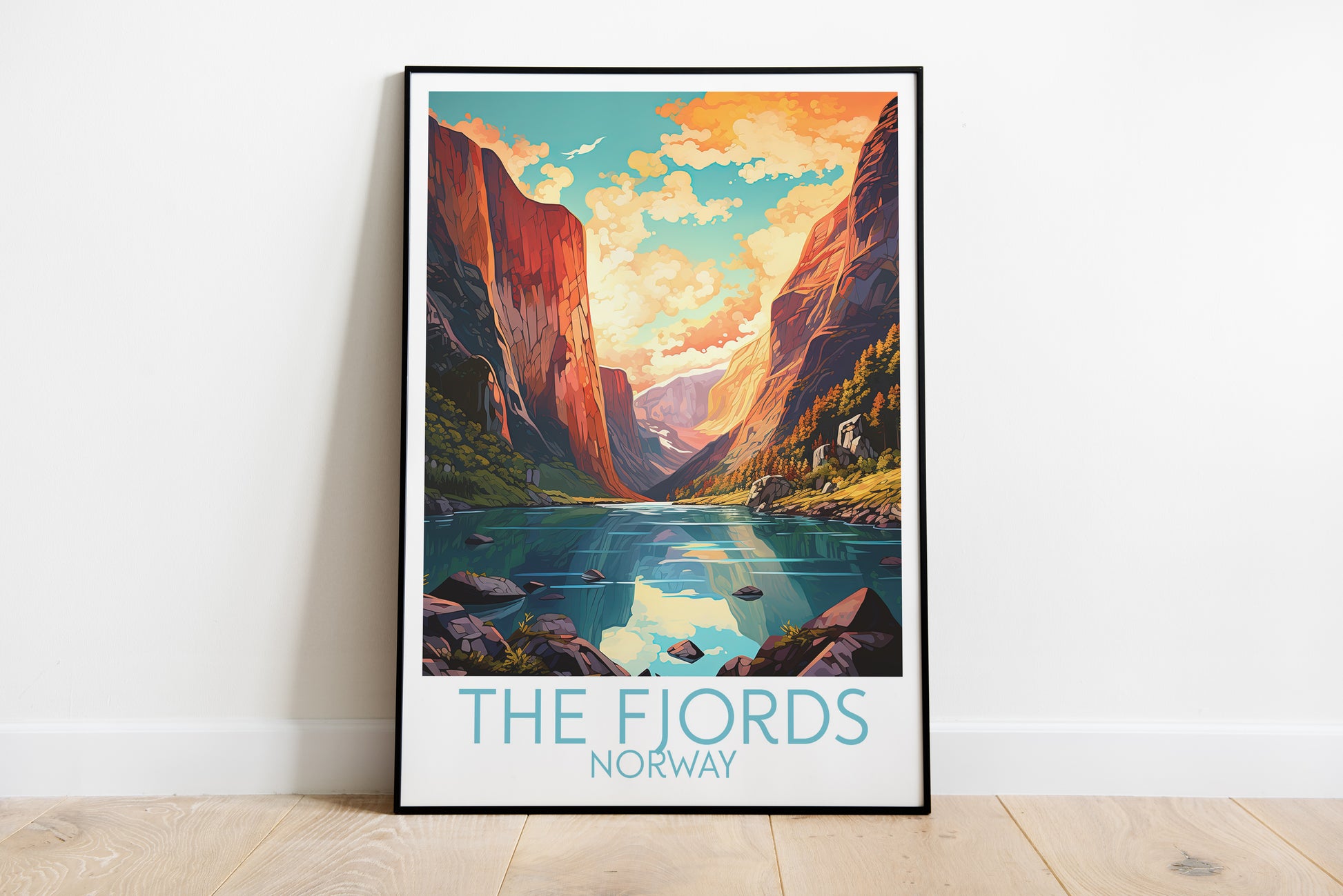 the fjords travel poster on the ground norway