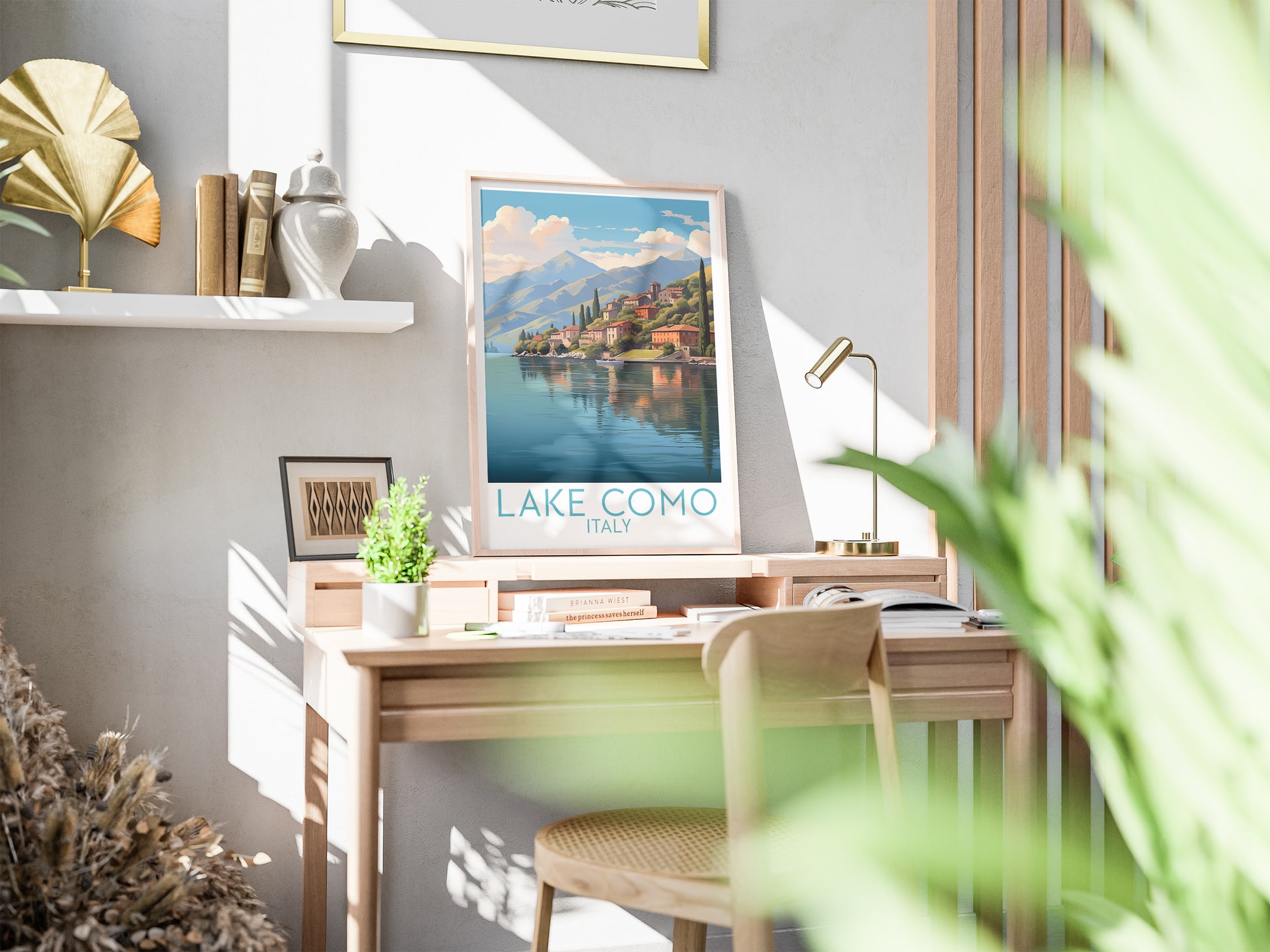 lake como travel poster on desk italy