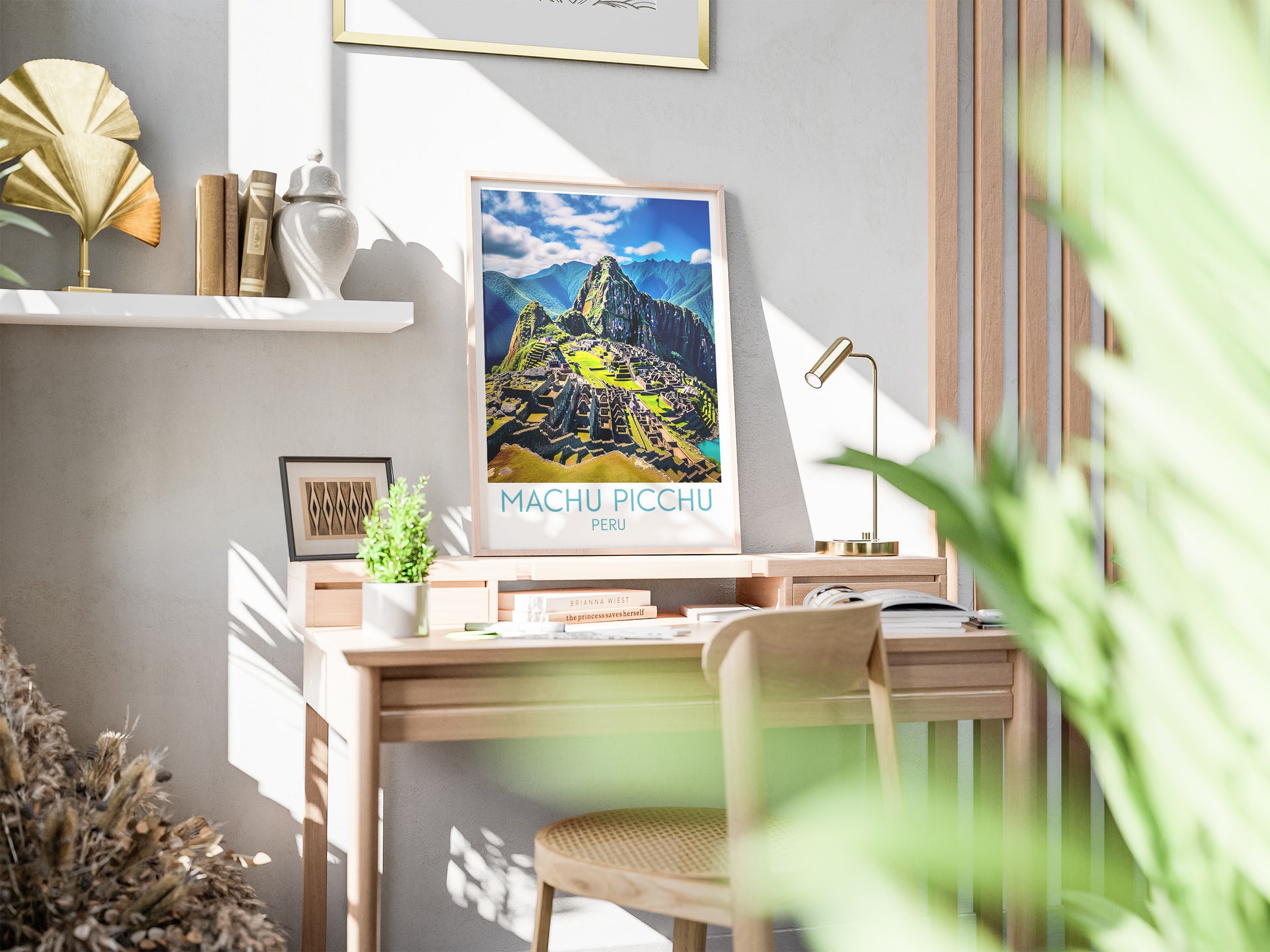 machu picchu travel poster on desk peru