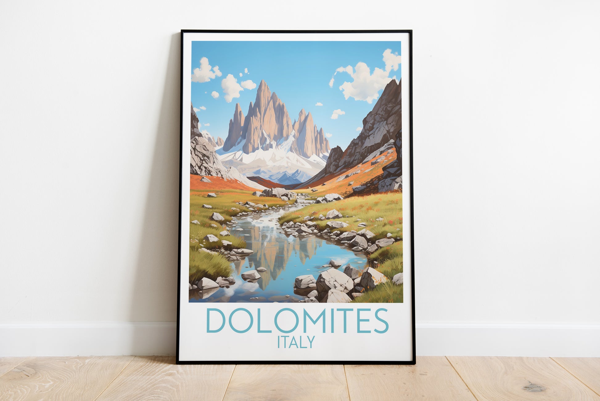 dolomites travel poster on the ground italy