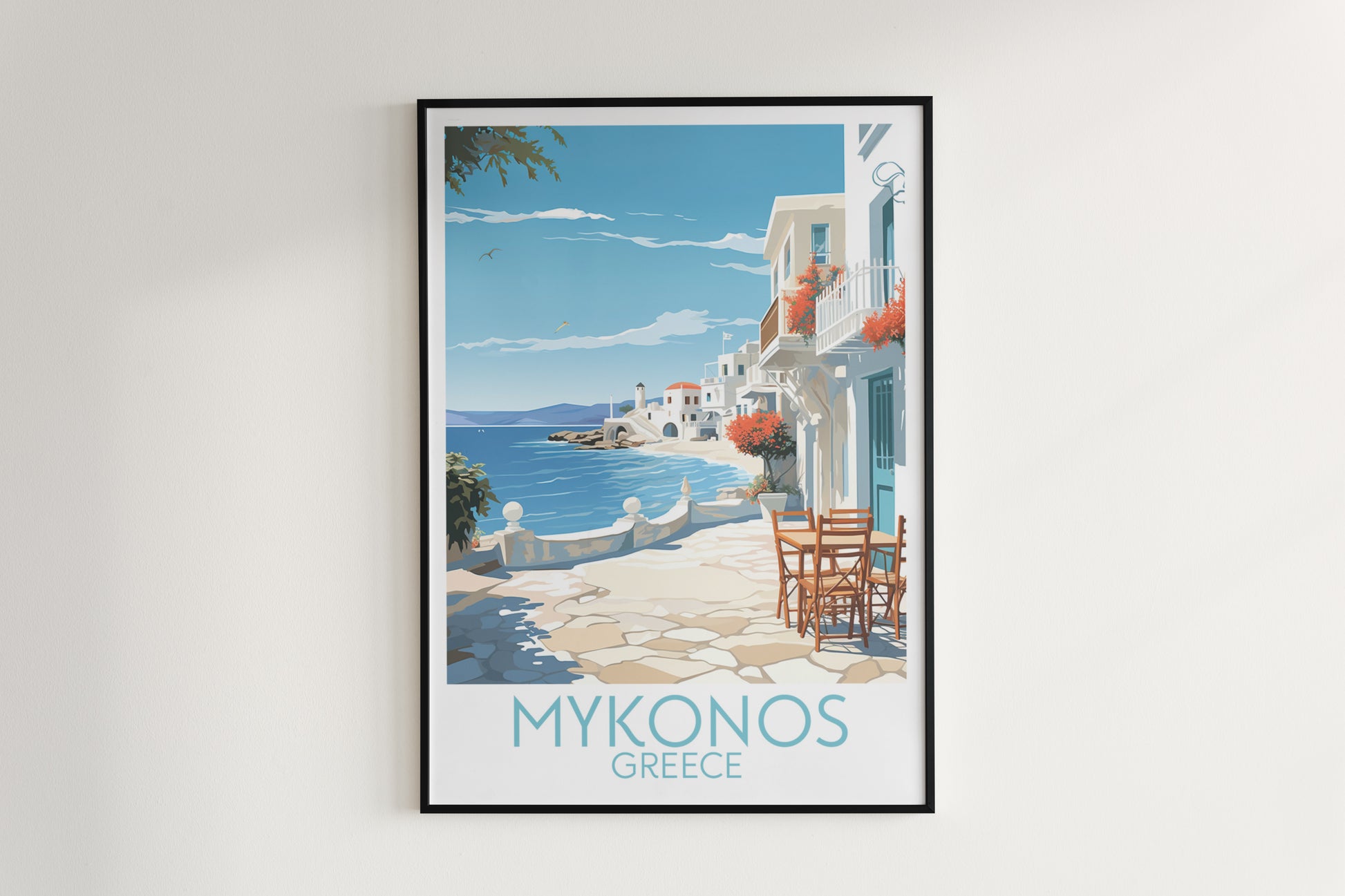 mykonos travel poster hanged on the wall greece