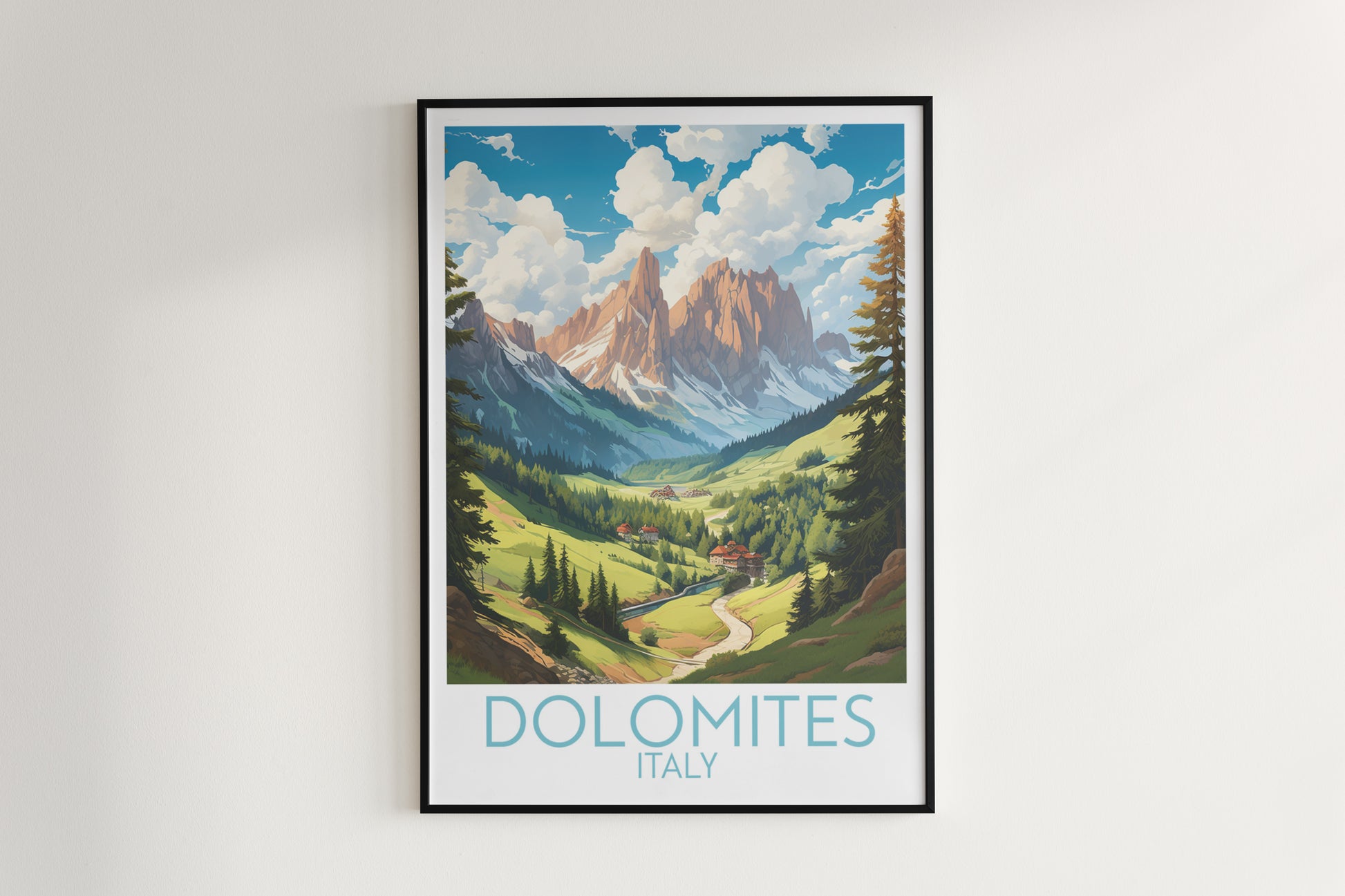 dolomites travel poster hanged on the wall italy