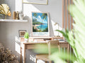 seychelles travel poster on desk la digue