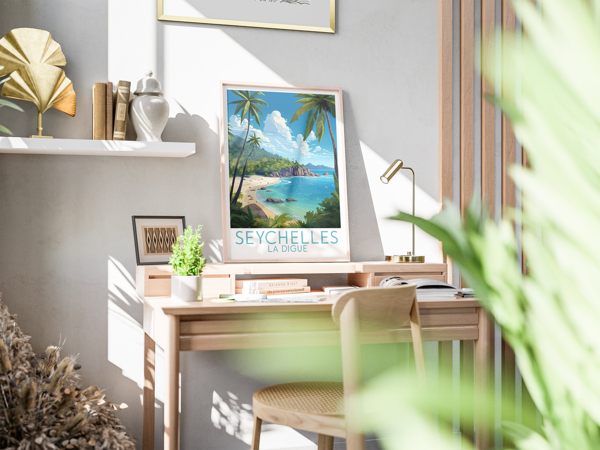 seychelles travel poster on desk la digue