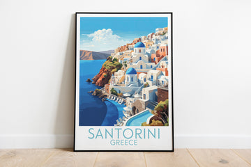 santorini travel poster on the ground greece