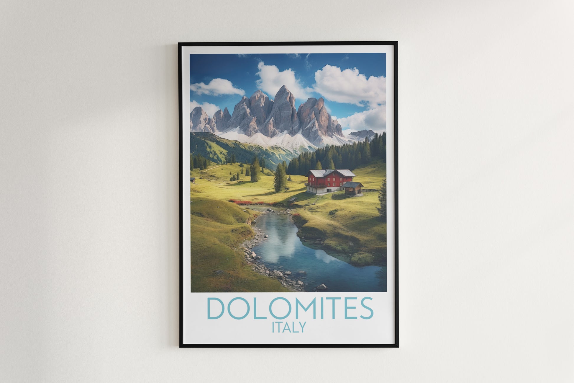 dolomites travel poster hanged on the wall italy