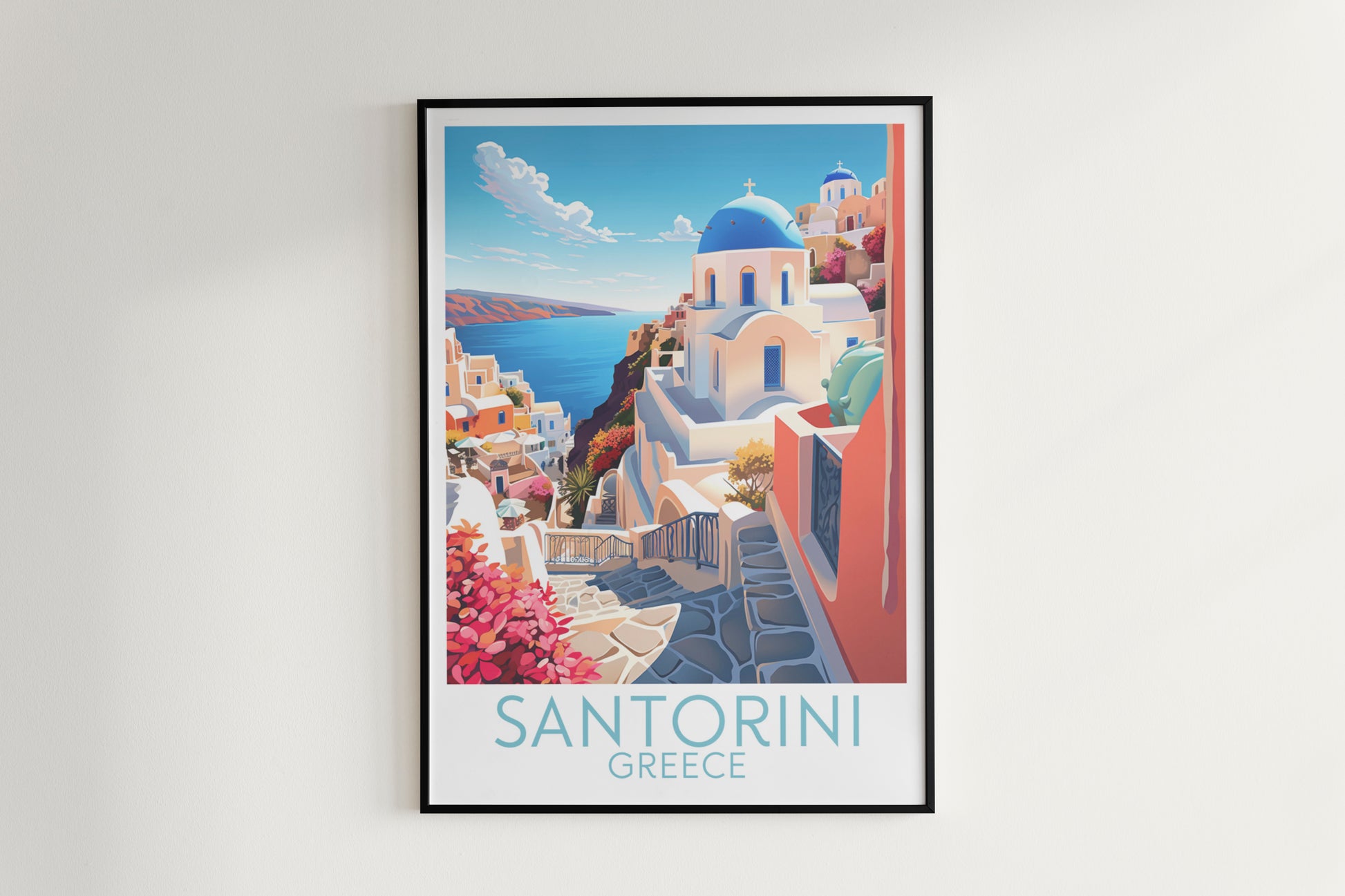 santorini travel poster hanged on the wall greece