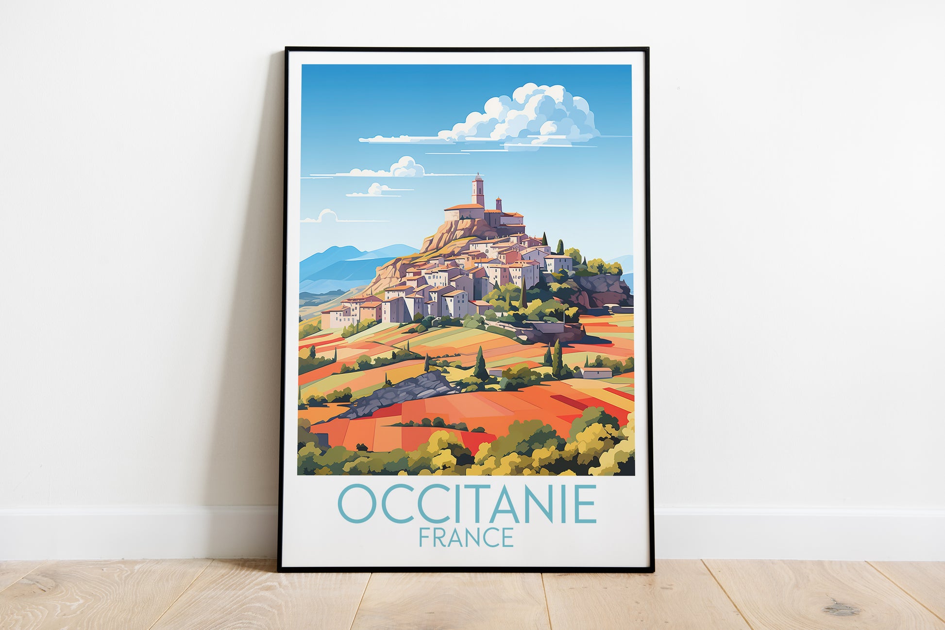 occitanie travel poster on the ground france