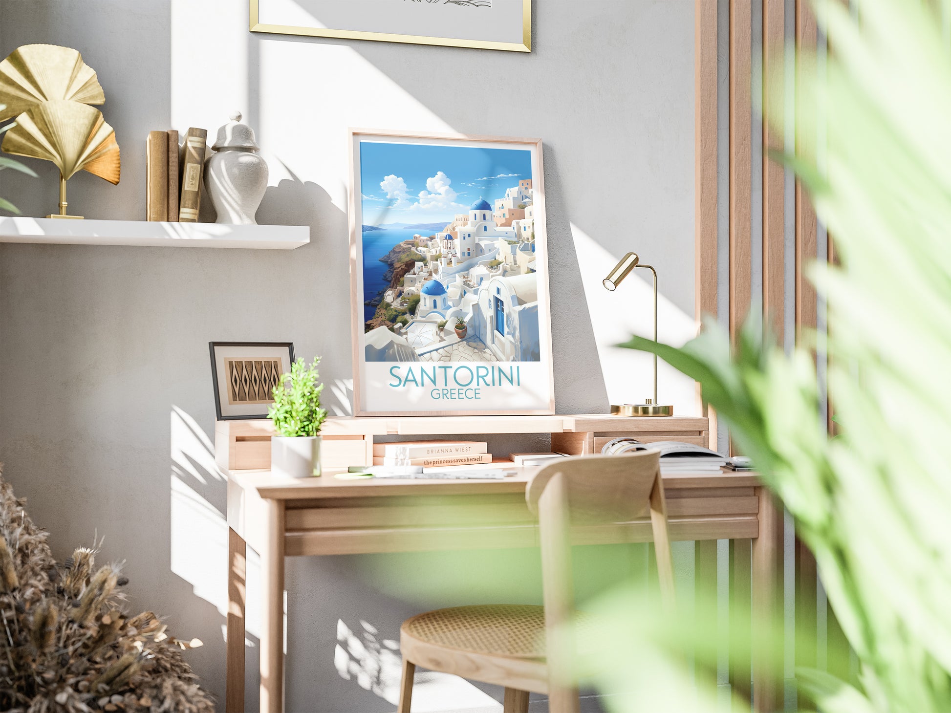 santorini travel poster on desk greece