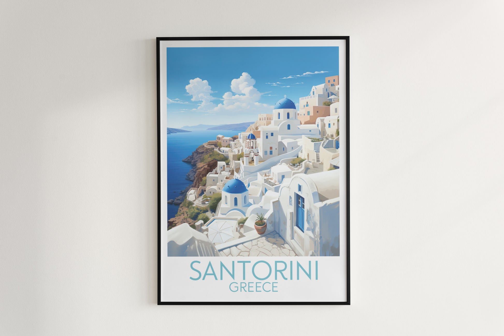 santorini travel poster hanged on the wall greece