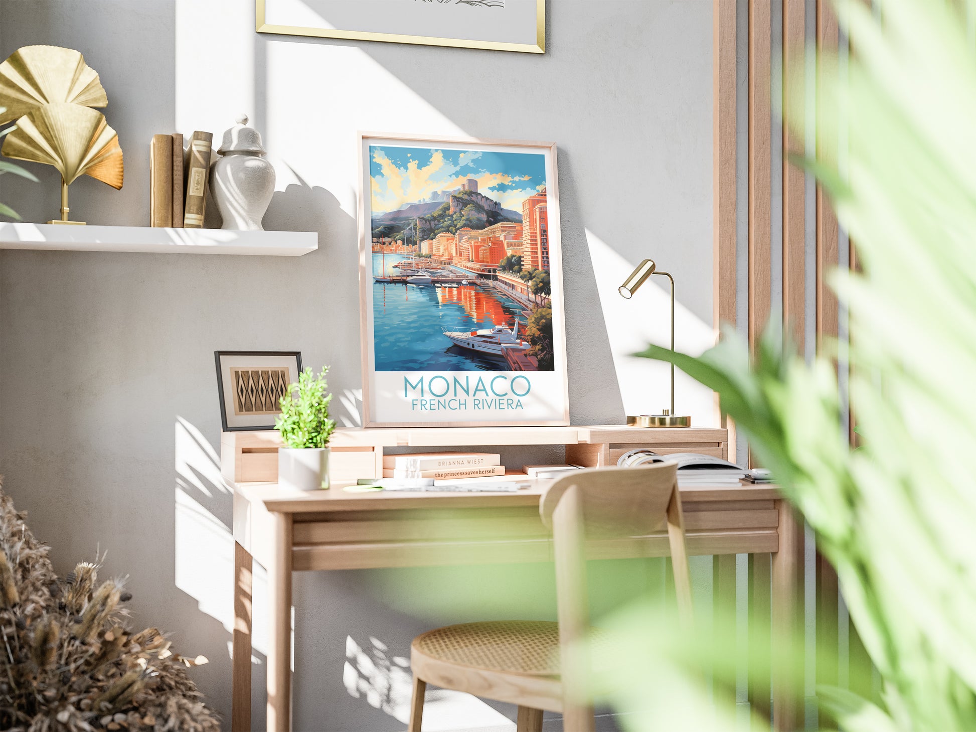 monaco travel poster on desk french riviera