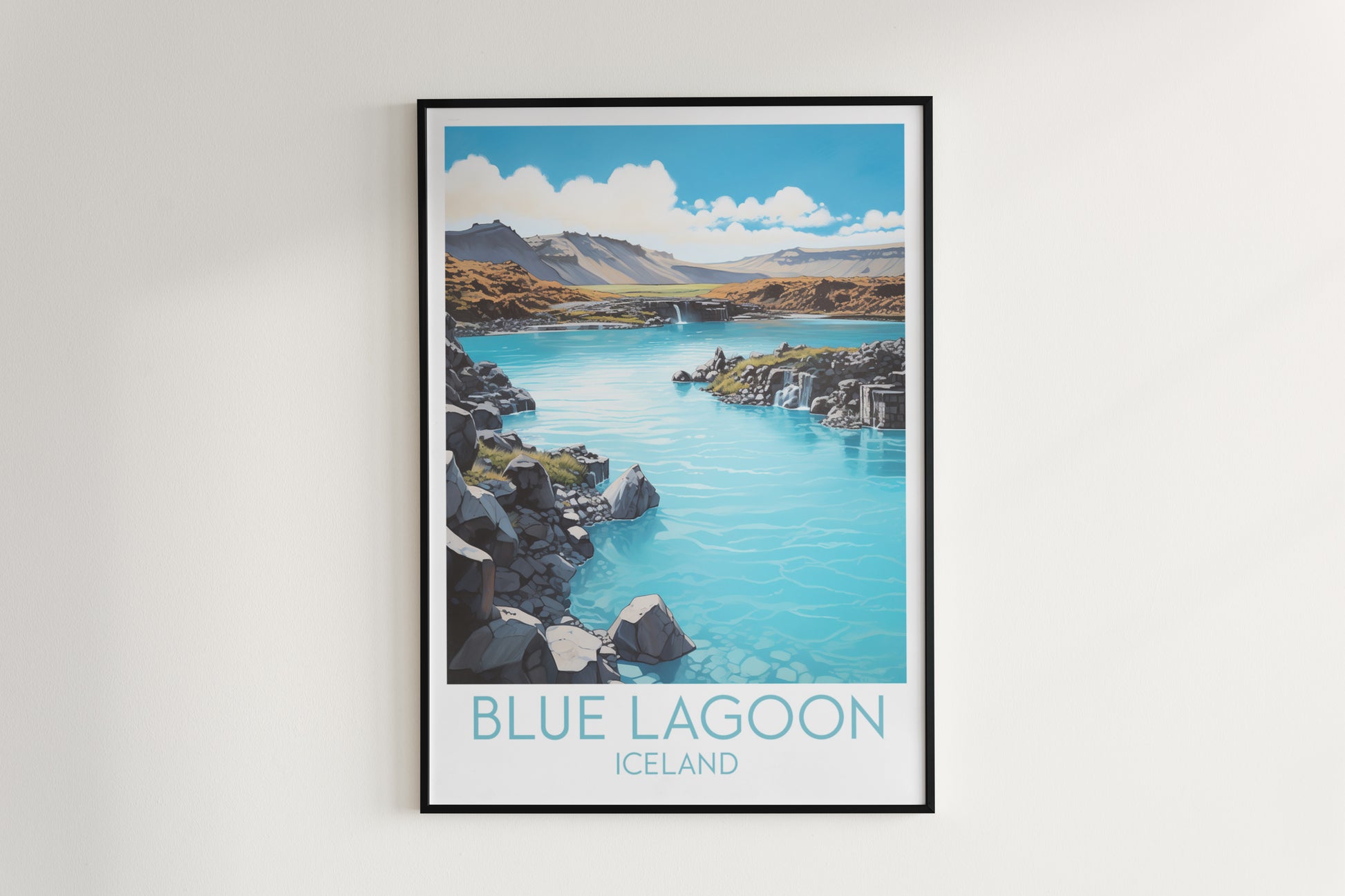 blue lagoon travel poster hanged on the wall iceland