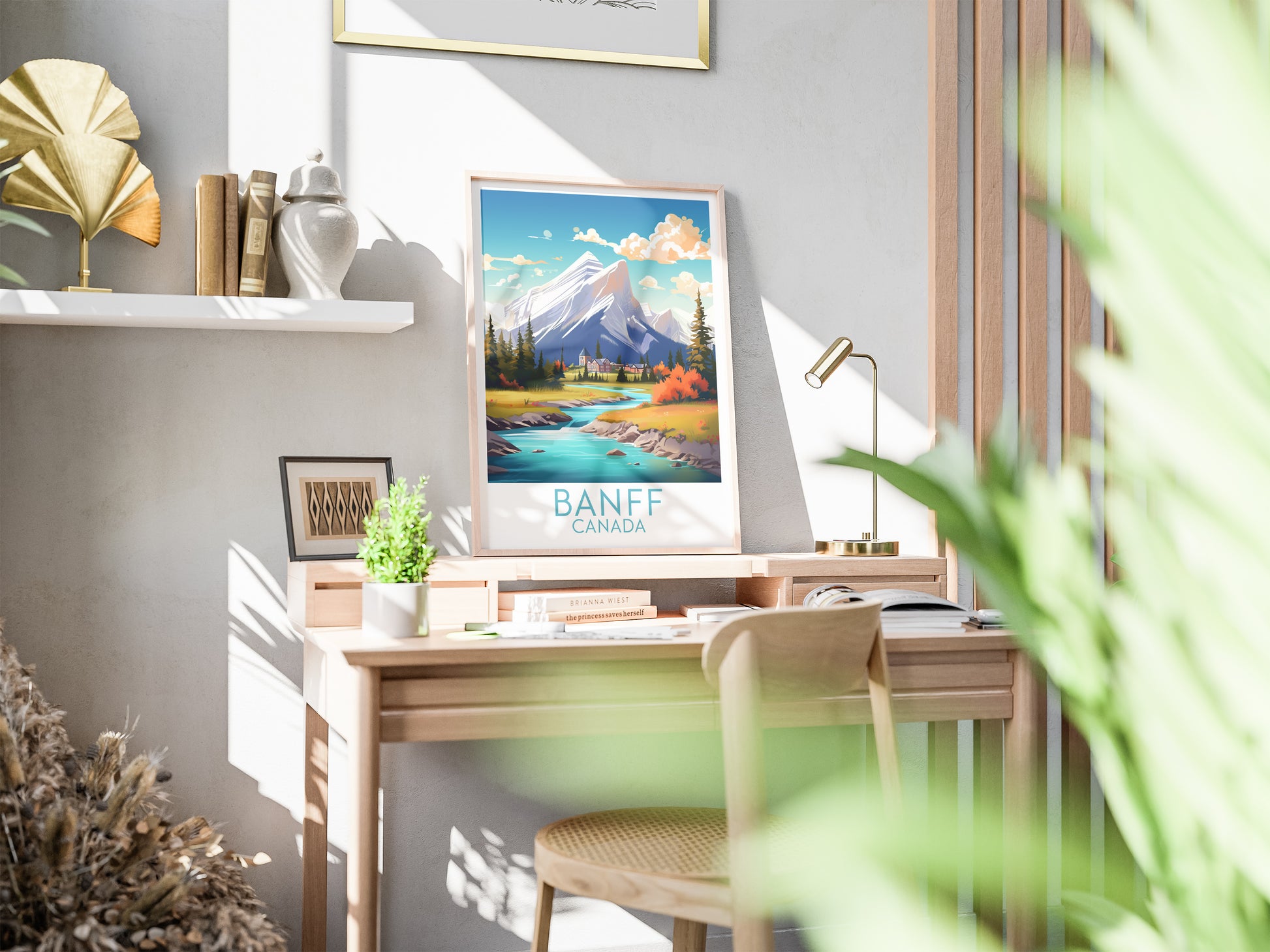 banff travel poster on desk canada