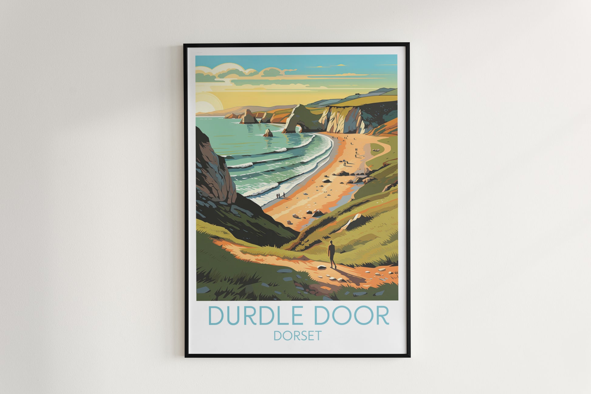 durdle door travel poster hanged on the wall dorset