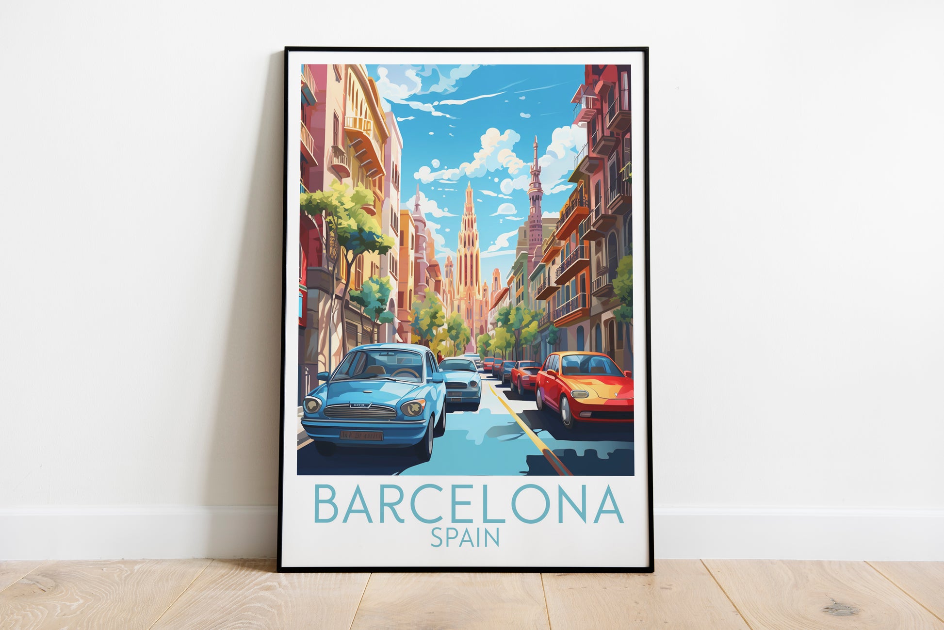 barcelona travel poster on the ground spain