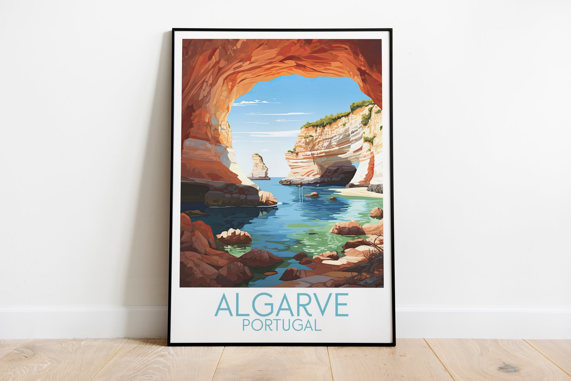 algarve travel poster on the ground portugal