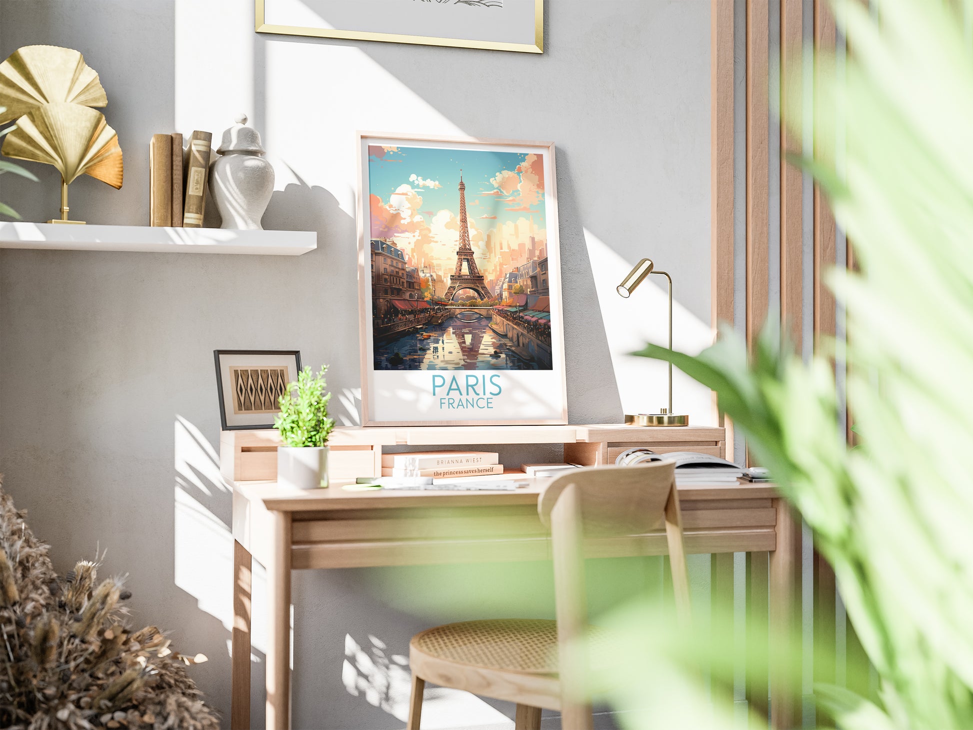 paris travel poster on desk france