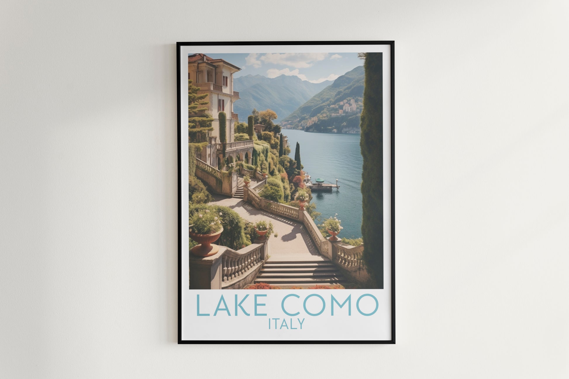 lake como travel poster hanged on the wall italy