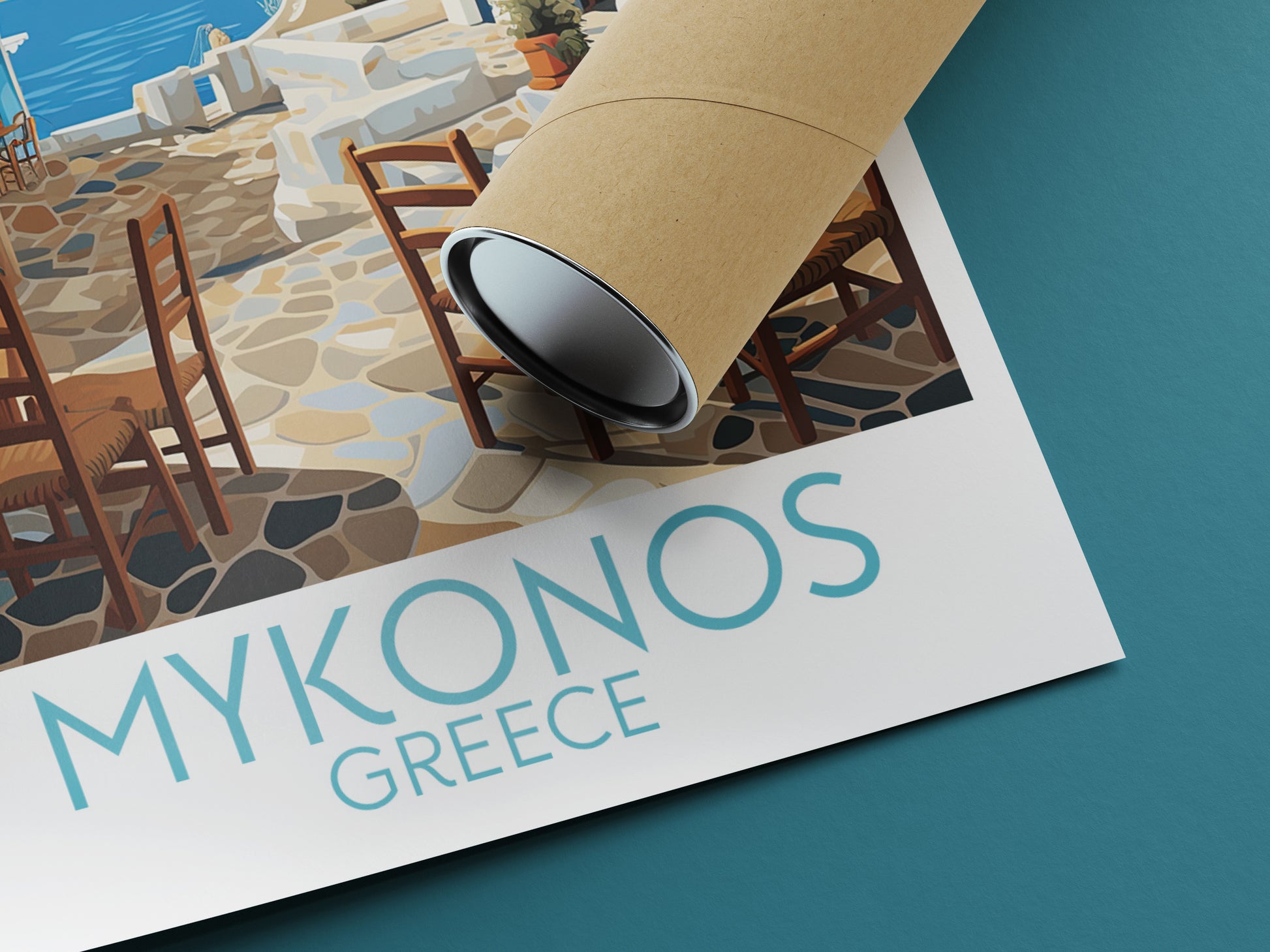 mykonos travel poster rolled greece