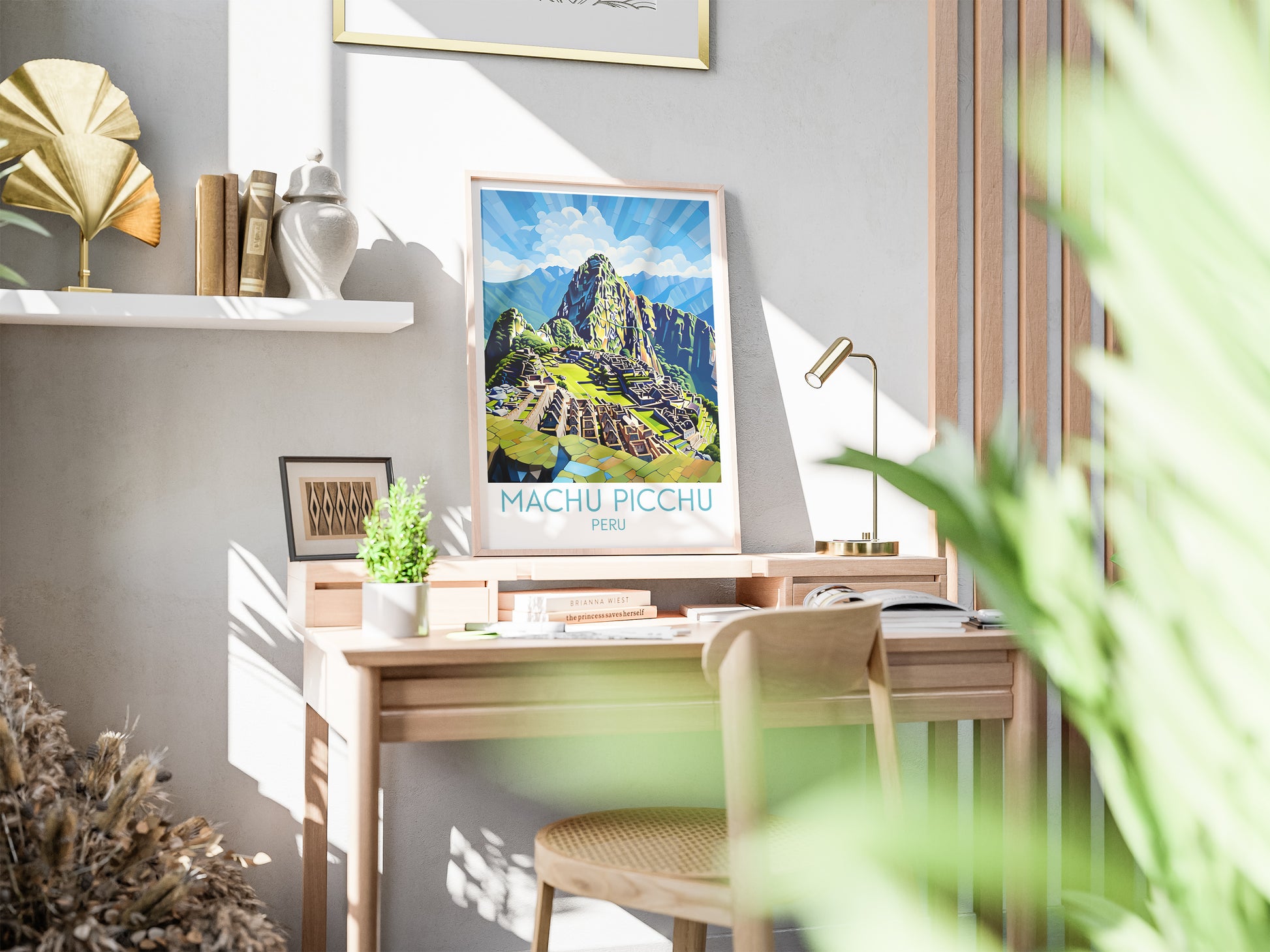 machu picchu travel poster on desk peru