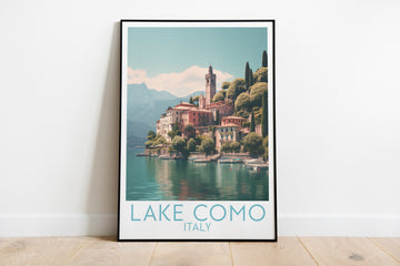 lake como travel poster on the ground italy