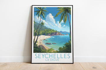 seychelles travel poster on the ground la digue