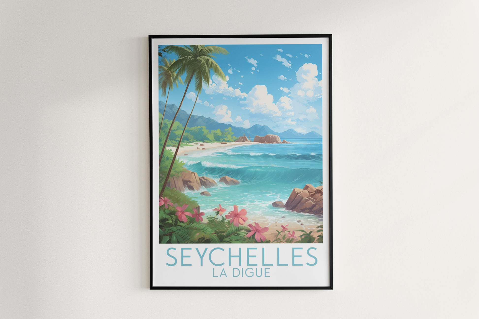 seychelles travel poster hanged on the wall la digue