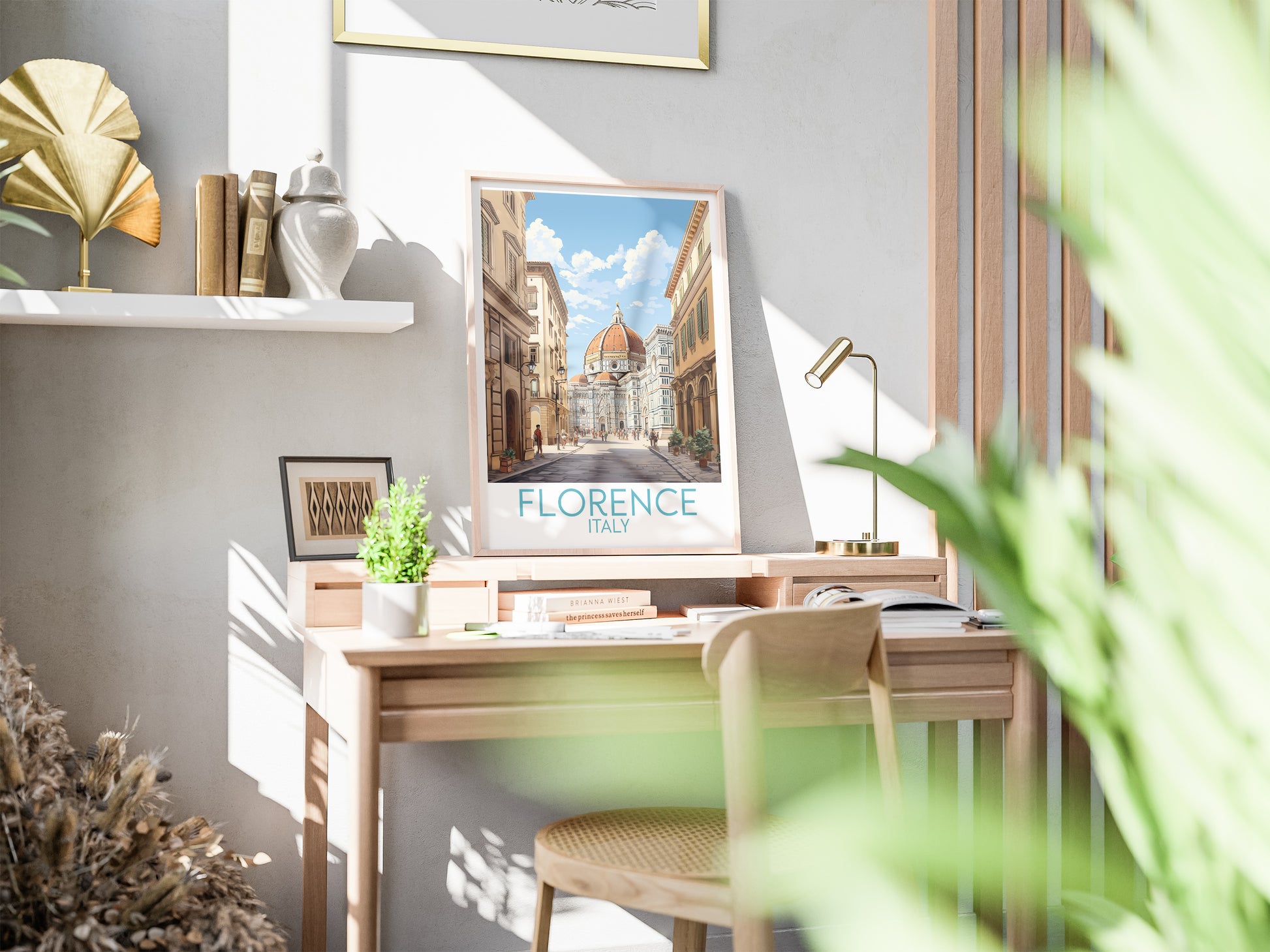 florence travel poster on desk italy