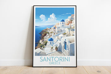 santorini travel poster on the ground greece