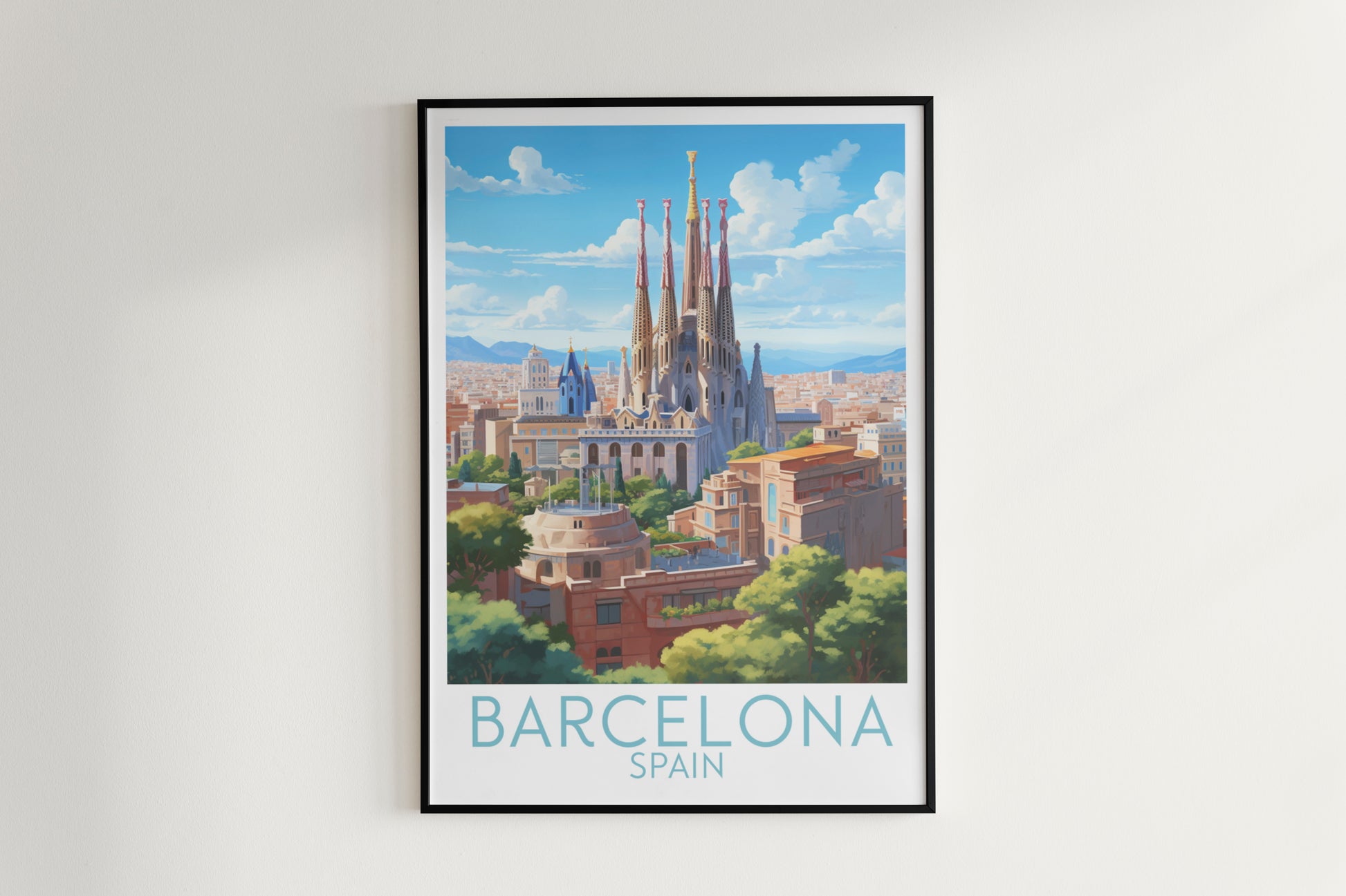 barcelona travel poster hanged on the wall spain