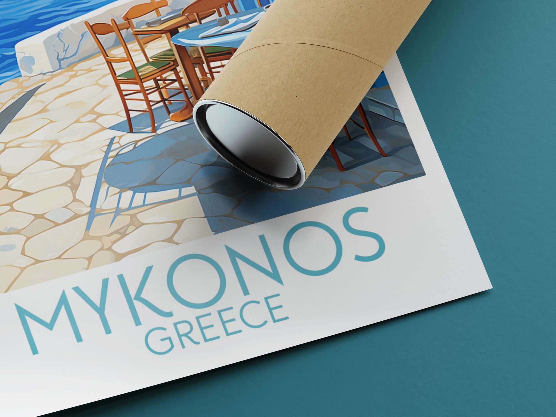 mykonos travel poster rolled greece