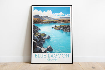 blue lagoon travel poster on the ground iceland