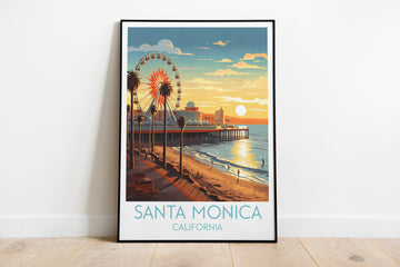 santa monica travel poster on the ground california