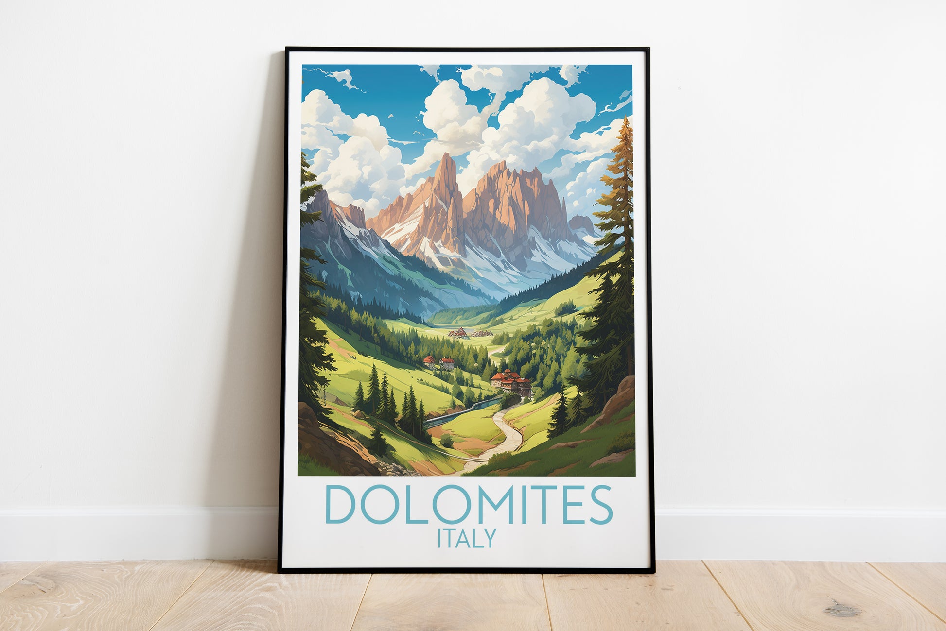 dolomites travel poster on the ground italy