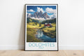 dolomites travel poster on the ground italy