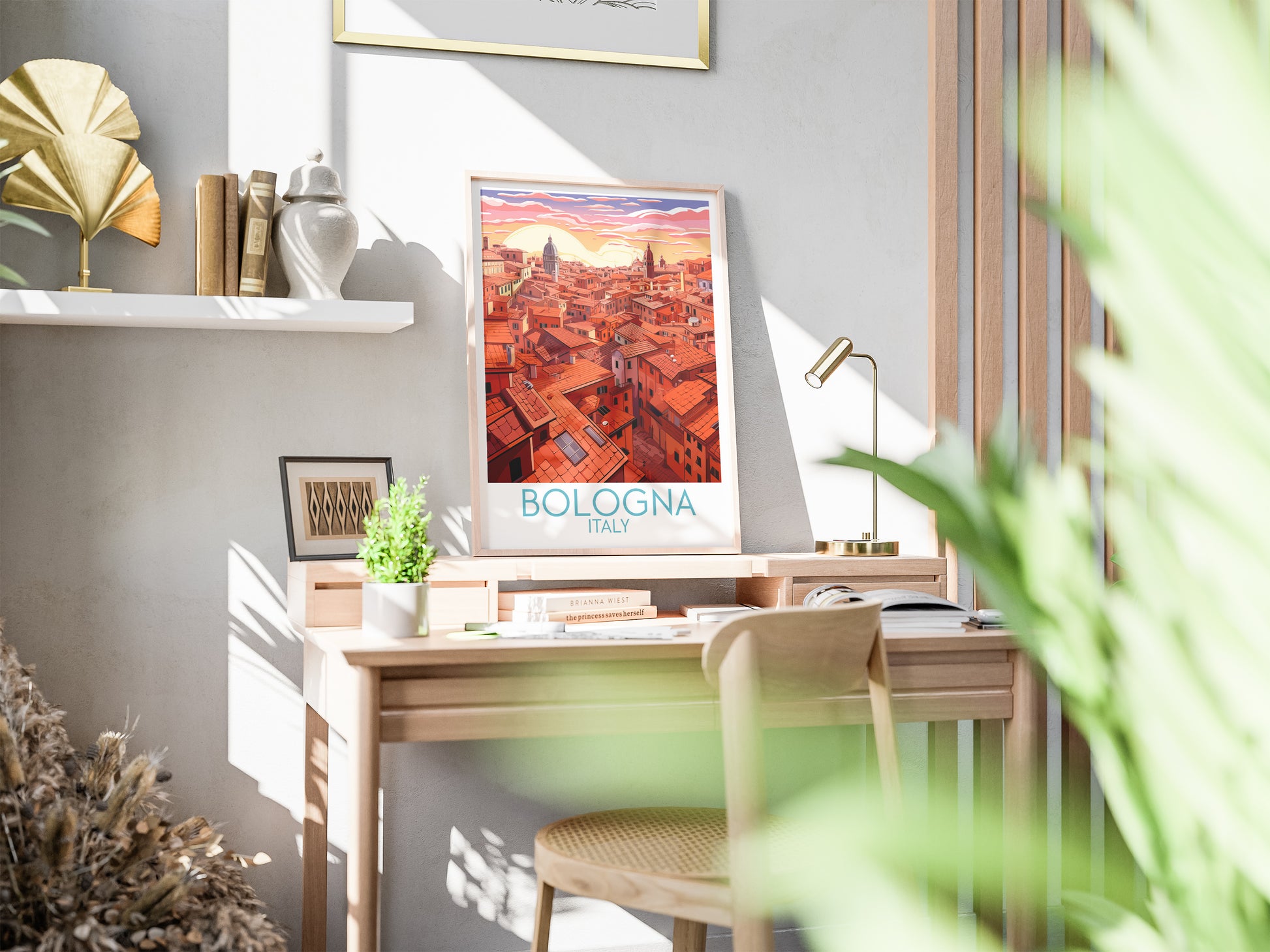 bologna travel poster on desk italy