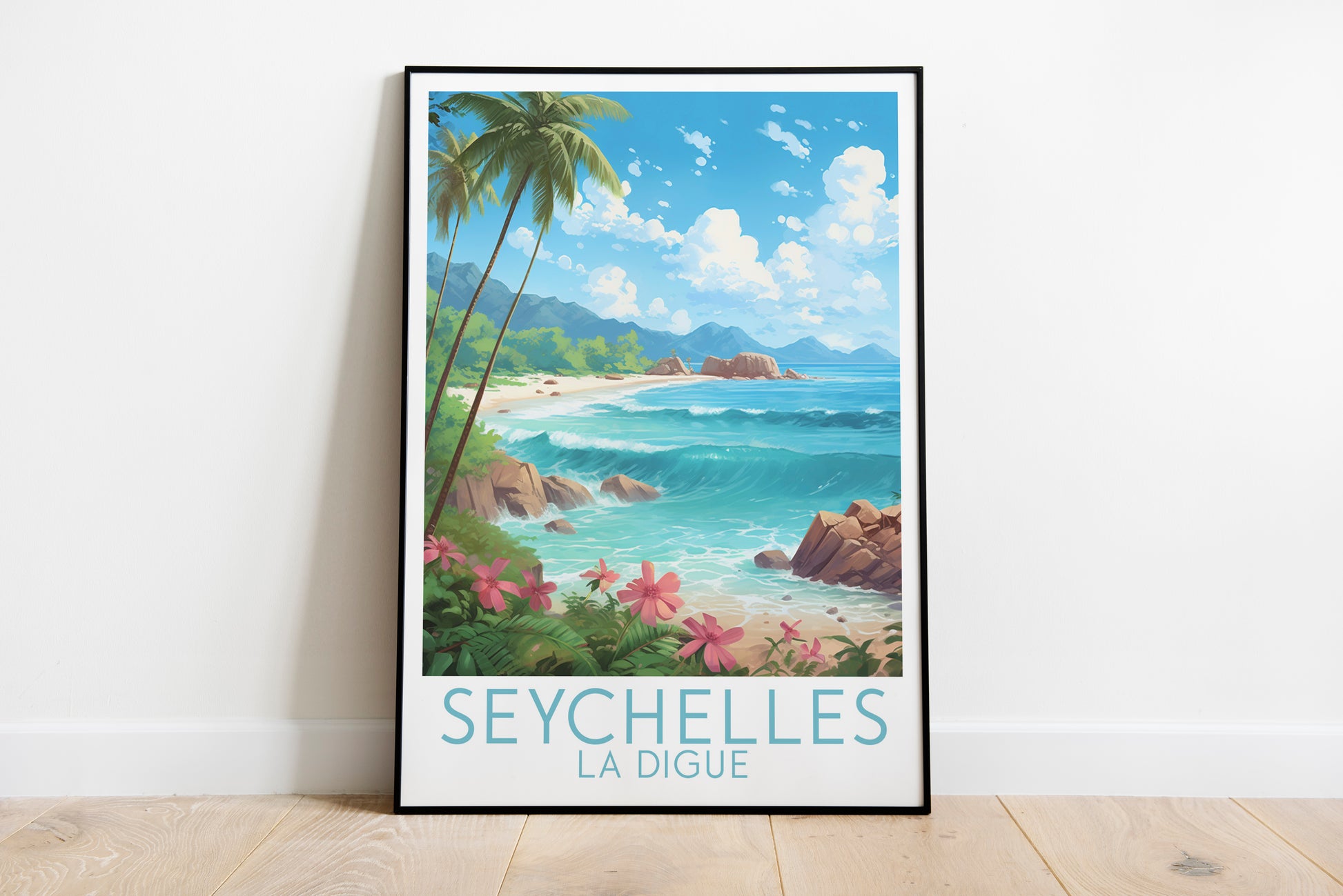 seychelles travel poster on the ground la digue