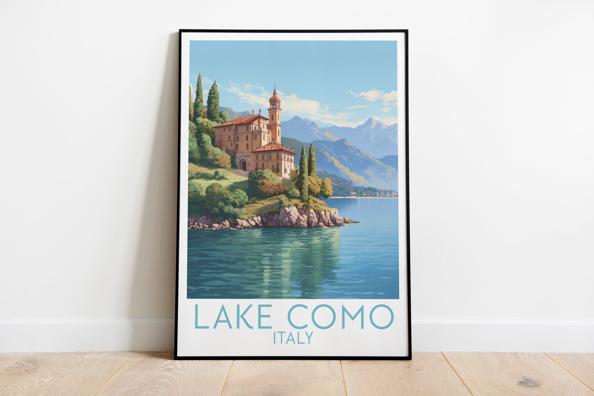 lake como travel poster on the ground italy