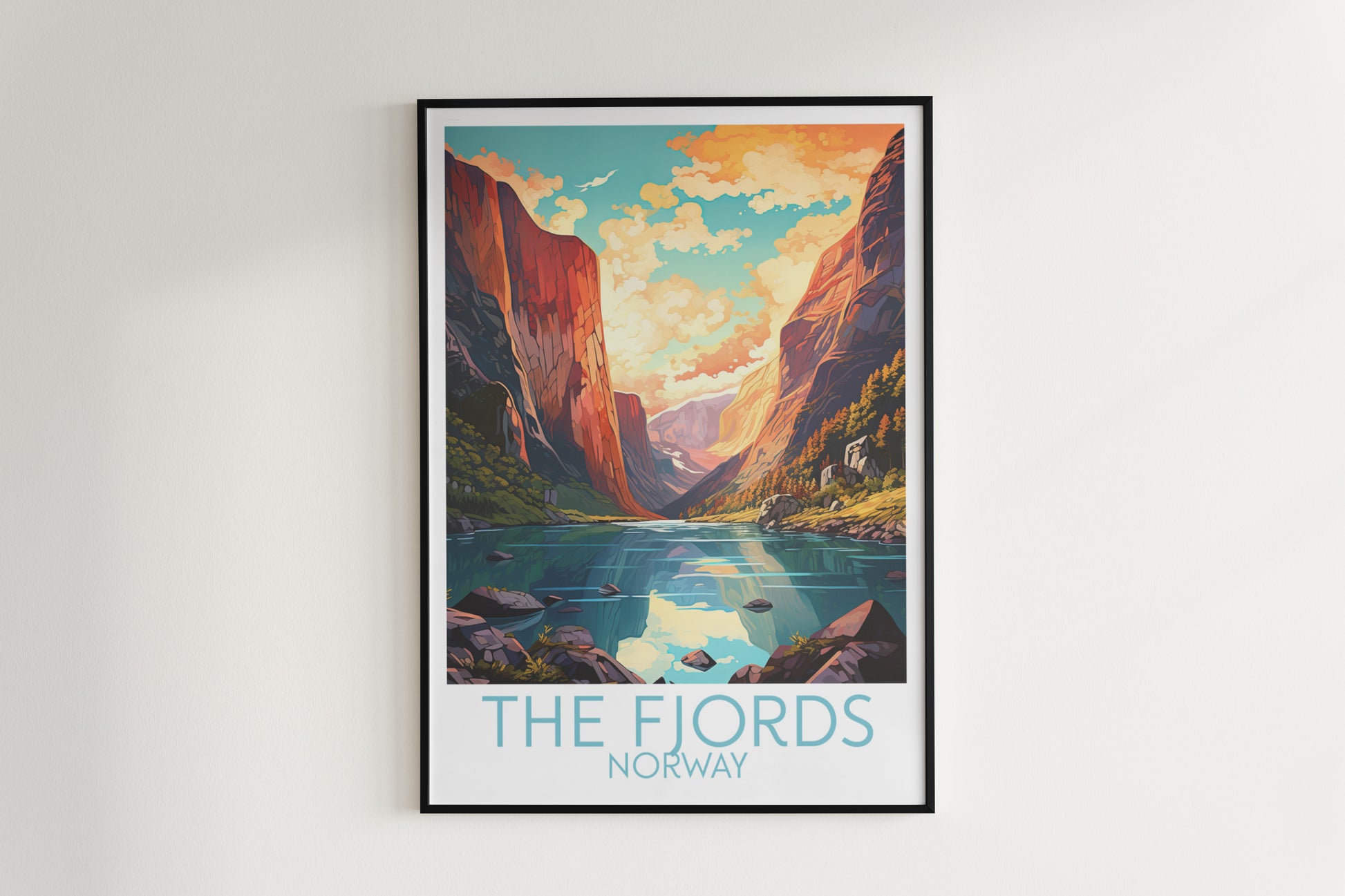 the fjords travel poster hanged on the wall norway